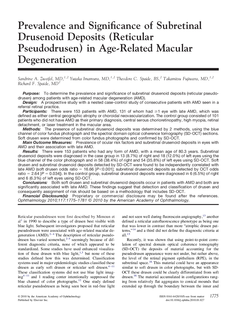 عکس صفحه اول مقاله: Prevalence and Significance of Subretinal Drusenoid Deposits (Reticular Pseudodrusen) in Age-Related Macular Degeneration Prevalence and Significance of Subretinal Drusenoid Deposits (Reticular Pseudodrusen) in Age-Related Macular Degeneration