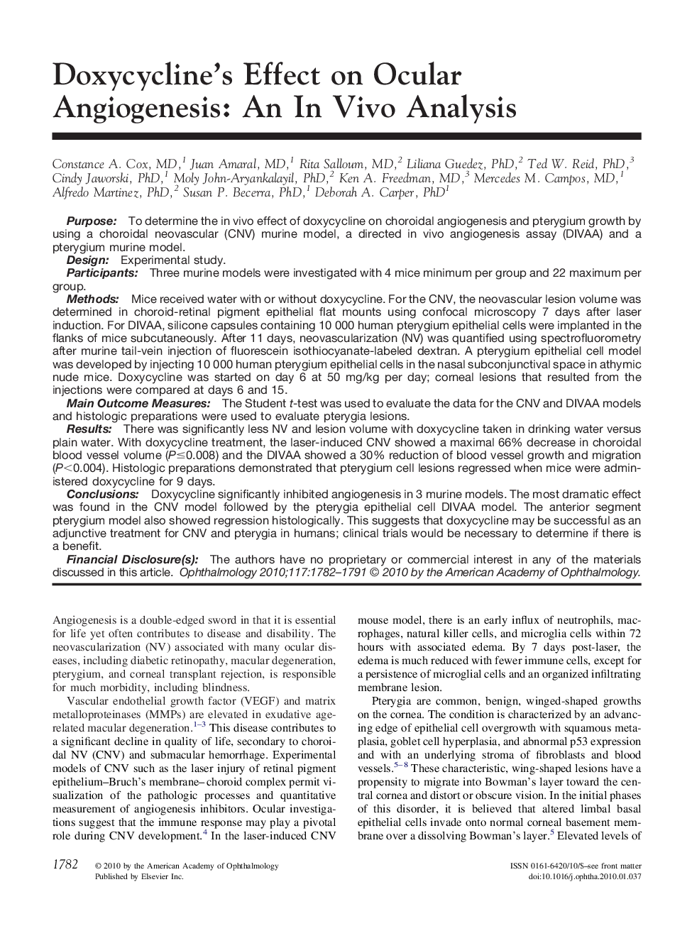 Doxycycline's Effect on Ocular Angiogenesis: An In Vivo Analysis 
