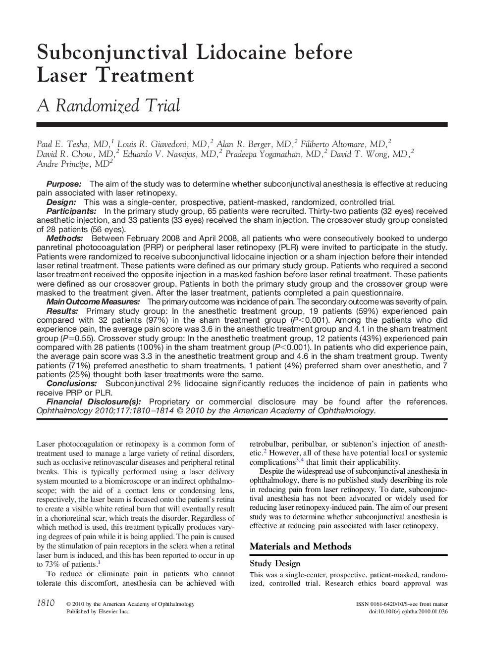 Subconjunctival Lidocaine before Laser Treatment : A Randomized Trial
