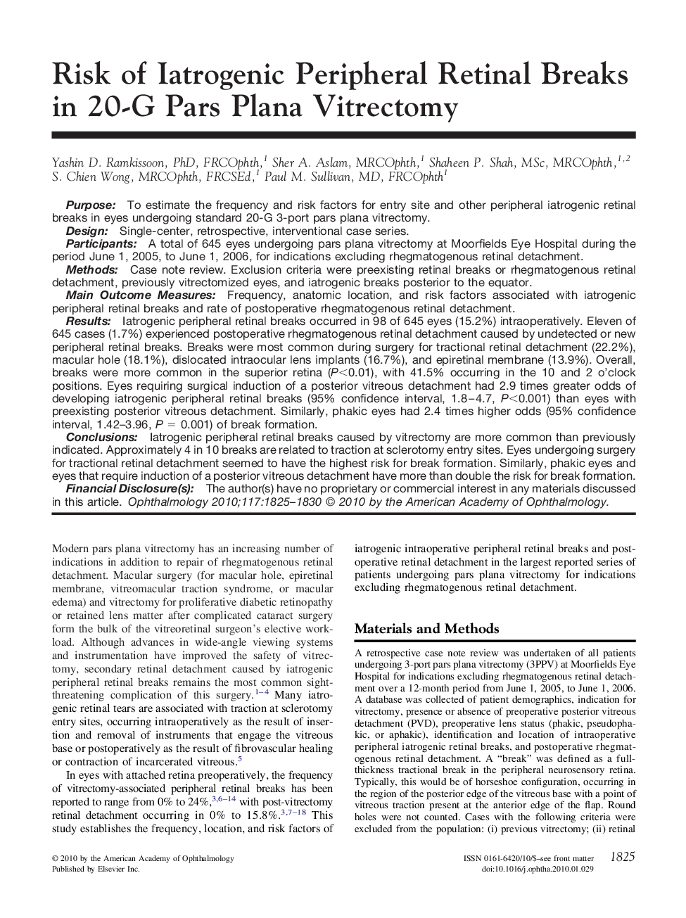 Risk of Iatrogenic Peripheral Retinal Breaks in 20-G Pars Plana Vitrectomy 