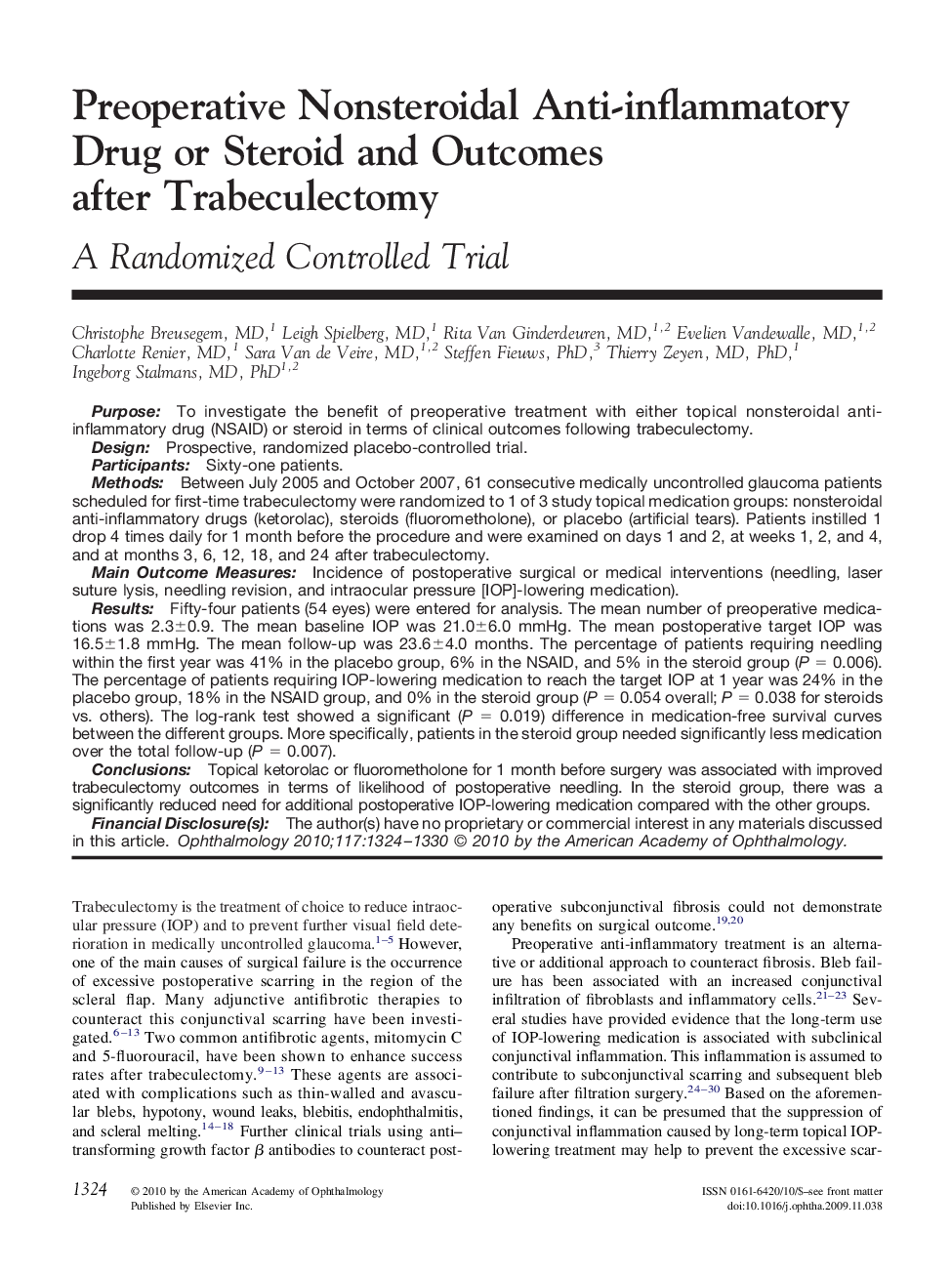 عکس صفحه اول مقاله: Preoperative Nonsteroidal Anti-inflammatory Drug or Steroid and Outcomes after Trabeculectomy Preoperative Nonsteroidal Anti-inflammatory Drug or Steroid and Outcomes after Trabeculectomy