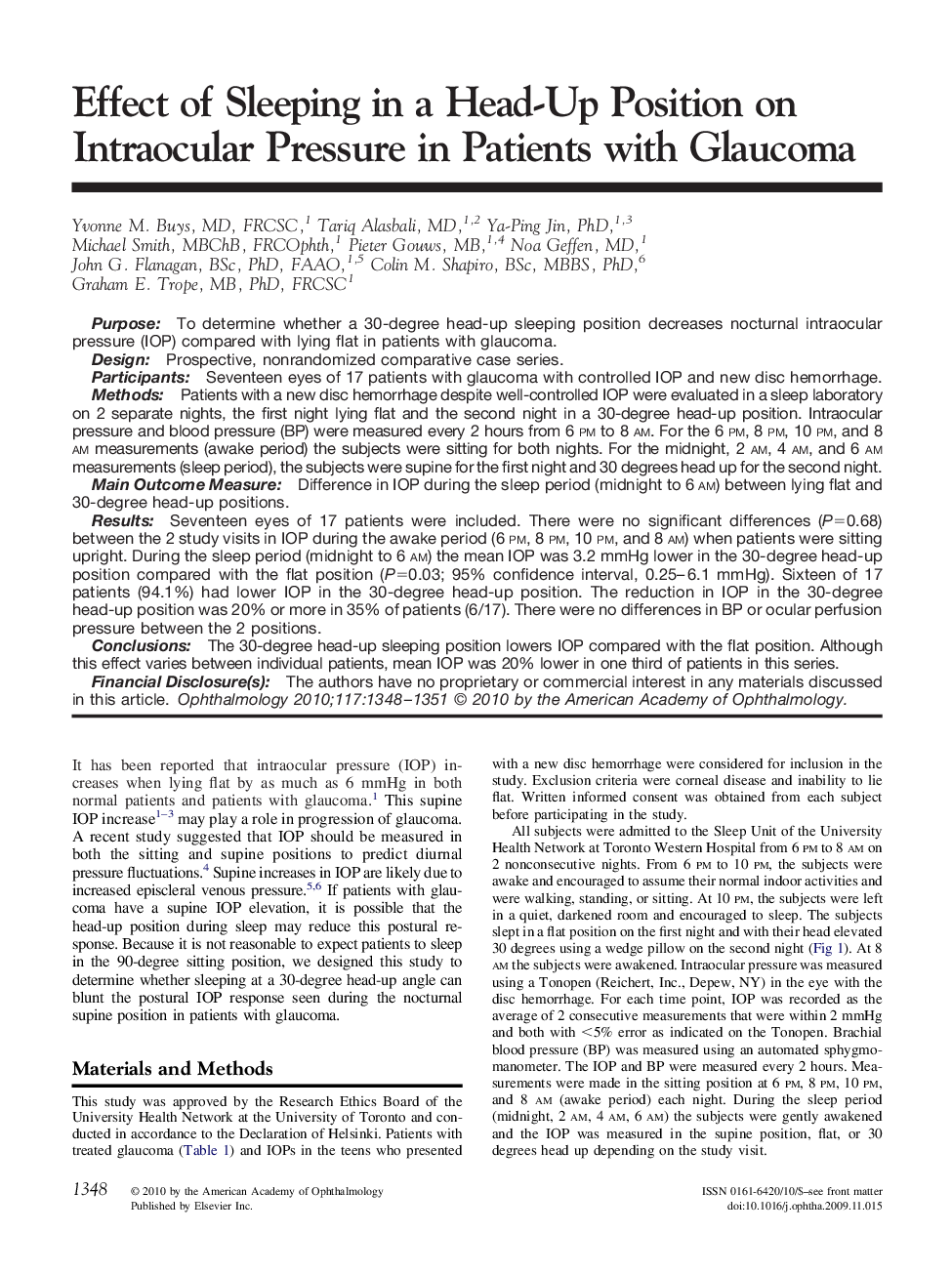 Effect of Sleeping in a Head-Up Position on Intraocular Pressure in Patients with Glaucoma