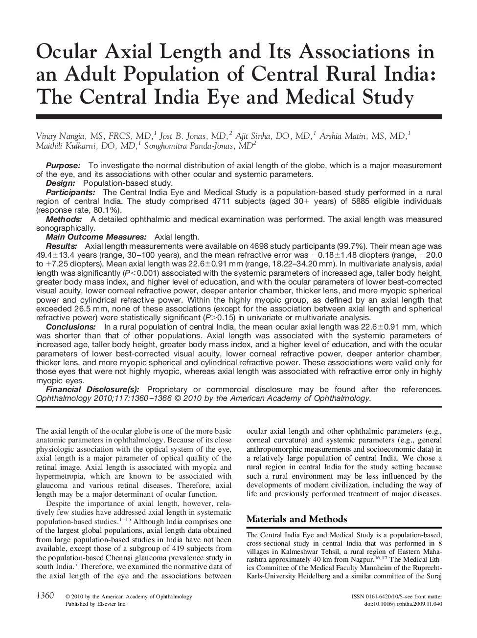 Ocular Axial Length and Its Associations in an Adult Population of Central Rural India: The Central India Eye and Medical Study 