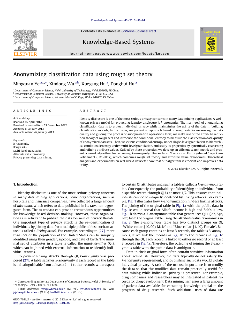 Anonymizing classification data using rough set theory