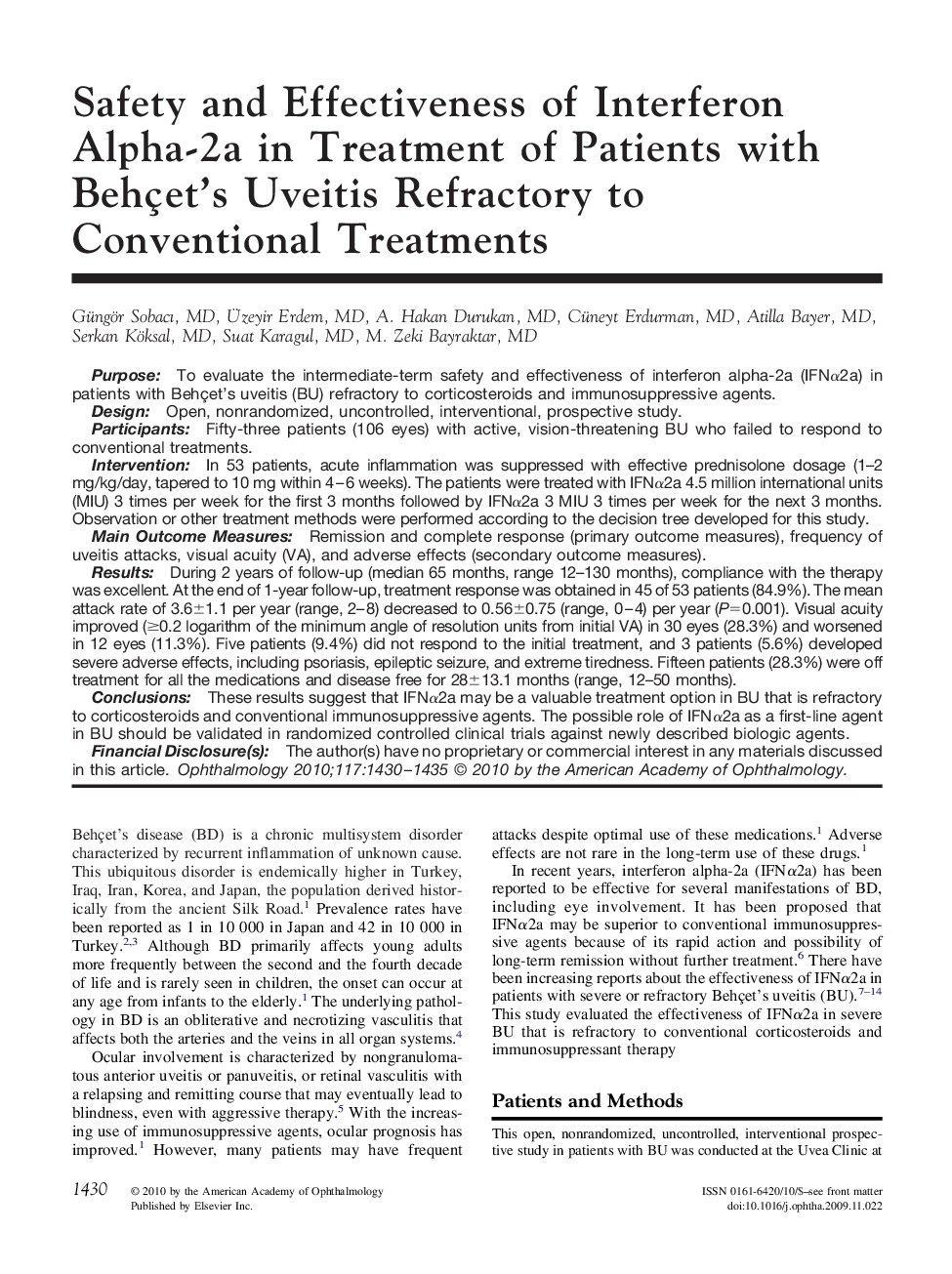 Safety and Effectiveness of Interferon Alpha-2a in Treatment of Patients with Behçet's Uveitis Refractory to Conventional Treatments