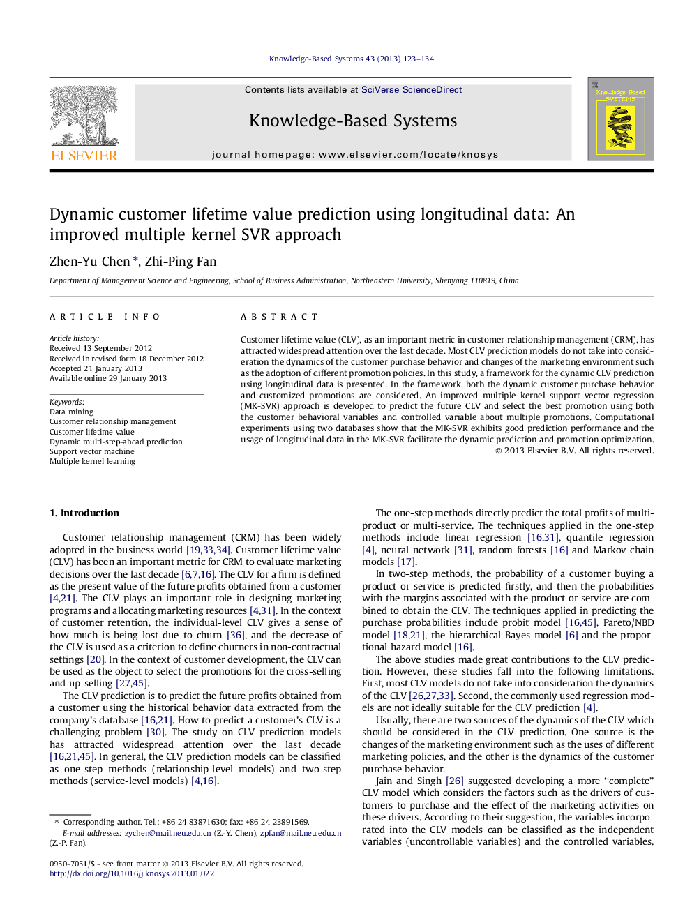 Dynamic customer lifetime value prediction using longitudinal data: An improved multiple kernel SVR approach