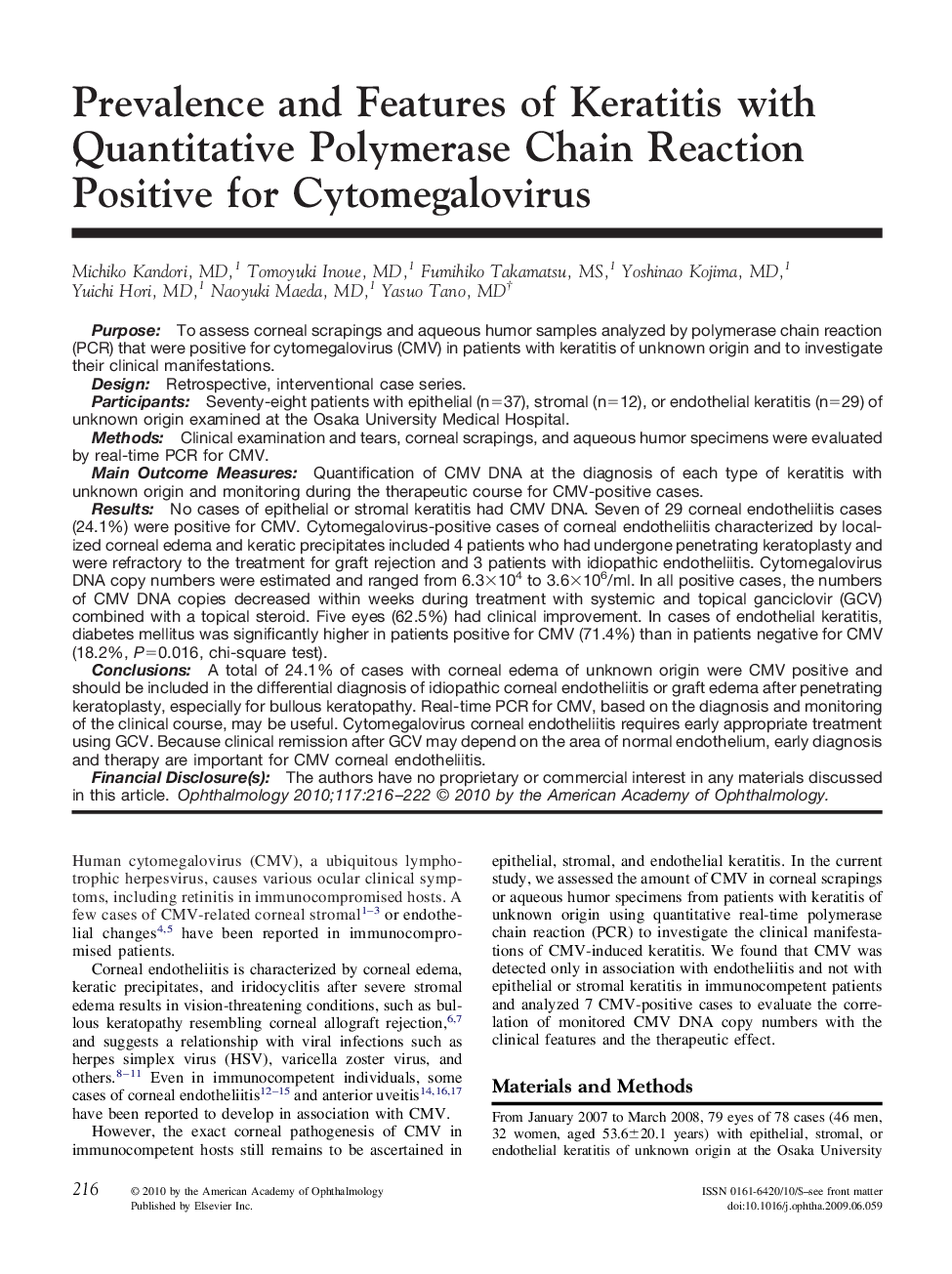 Prevalence and Features of Keratitis with Quantitative Polymerase Chain Reaction Positive for Cytomegalovirus