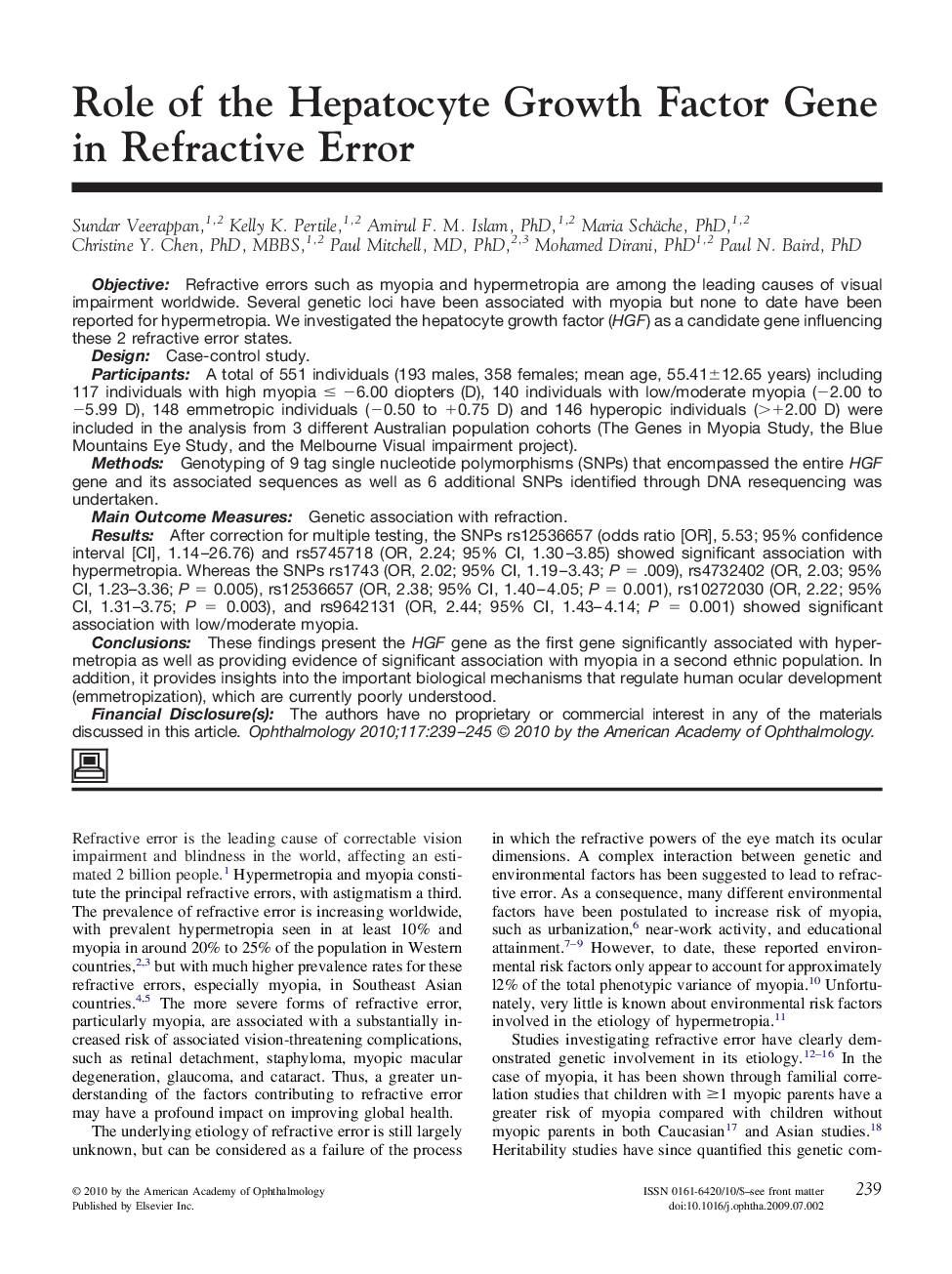 Role of the Hepatocyte Growth Factor Gene in Refractive Error