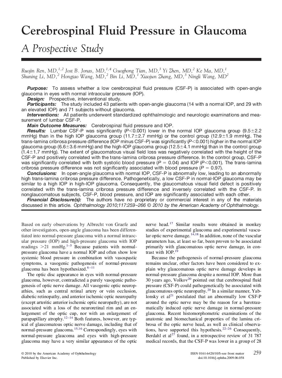 Cerebrospinal Fluid Pressure in Glaucoma : A Prospective Study