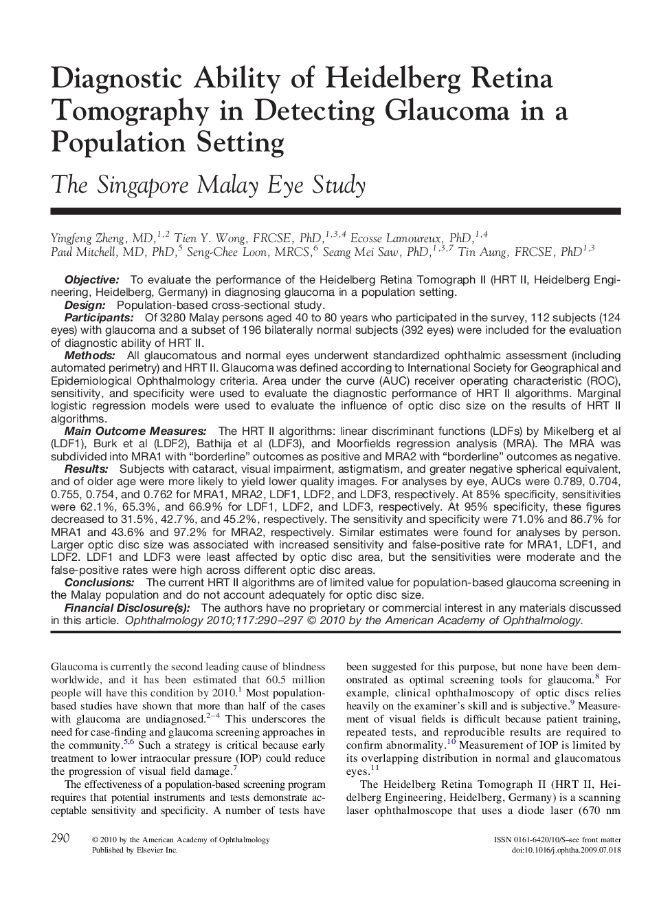Diagnostic Ability of Heidelberg Retina Tomography in Detecting Glaucoma in a Population Setting : The Singapore Malay Eye Study
