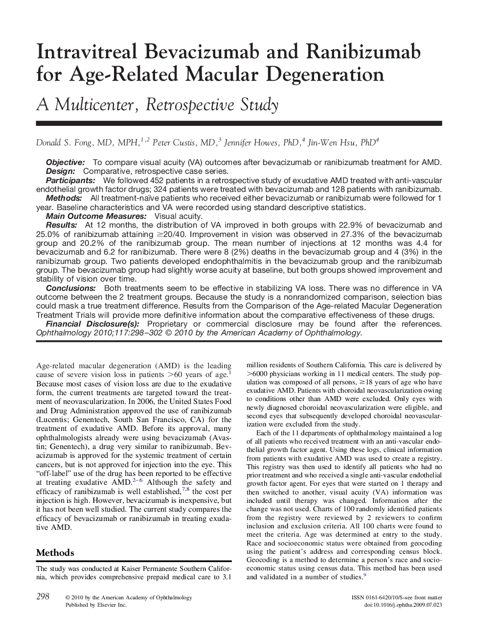 Intravitreal Bevacizumab and Ranibizumab for Age-Related Macular Degeneration