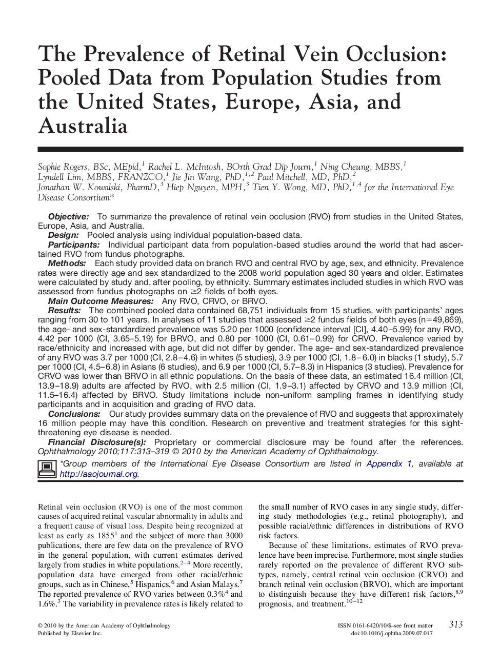 The Prevalence of Retinal Vein Occlusion: Pooled Data from Population Studies from the United States, Europe, Asia, and Australia