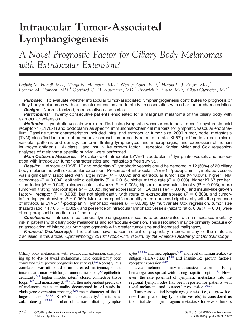 Intraocular Tumor-Associated Lymphangiogenesis : A Novel Prognostic Factor for Ciliary Body Melanomas with Extraocular Extension?