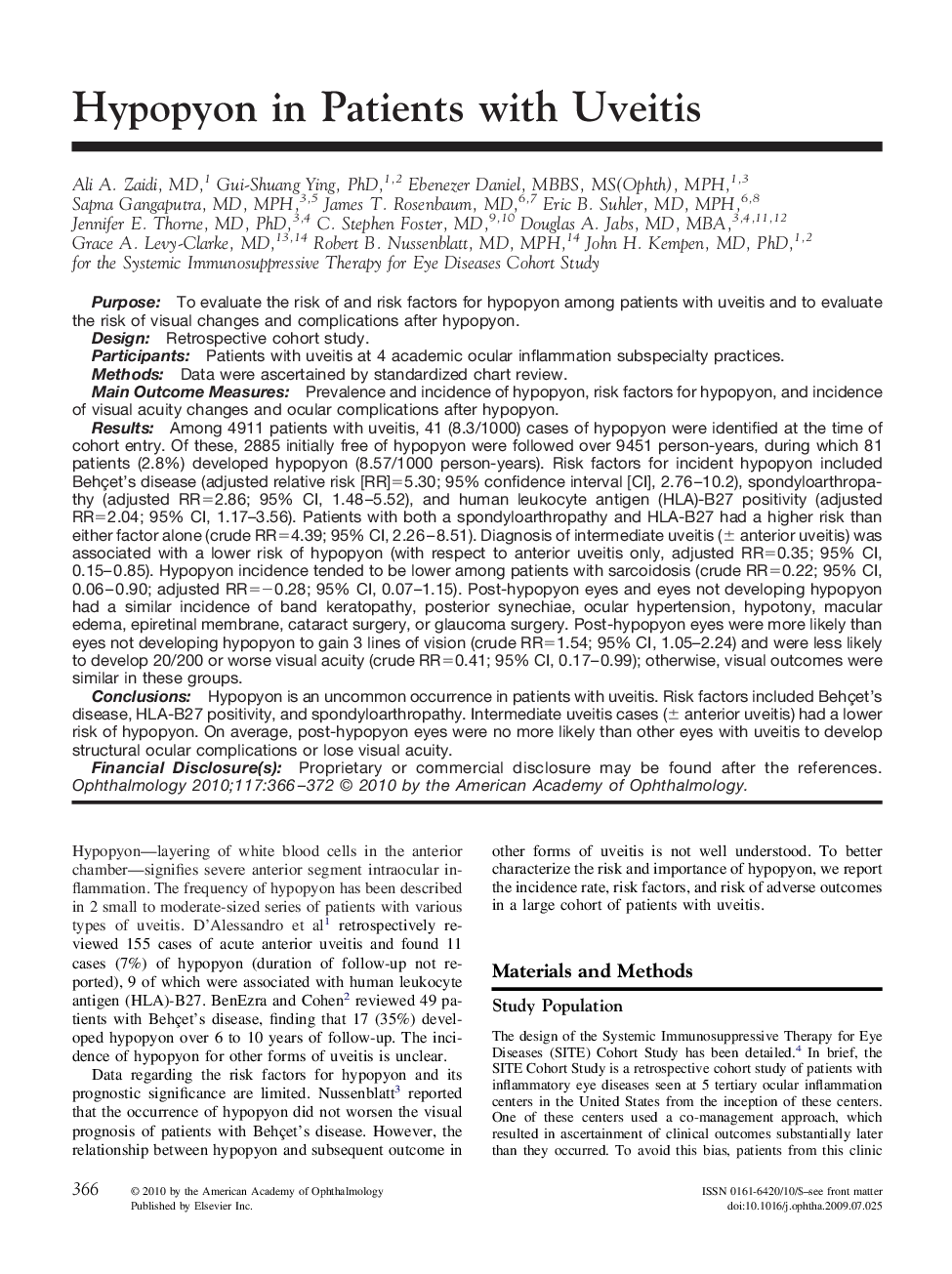 Hypopyon in Patients with Uveitis