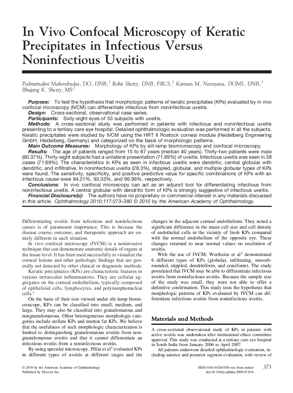In Vivo Confocal Microscopy of Keratic Precipitates in Infectious Versus Noninfectious Uveitis