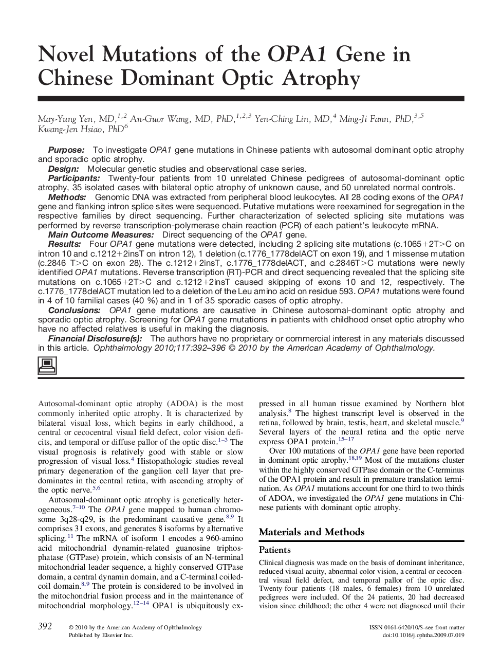 Novel Mutations of the OPA1 Gene in Chinese Dominant Optic Atrophy