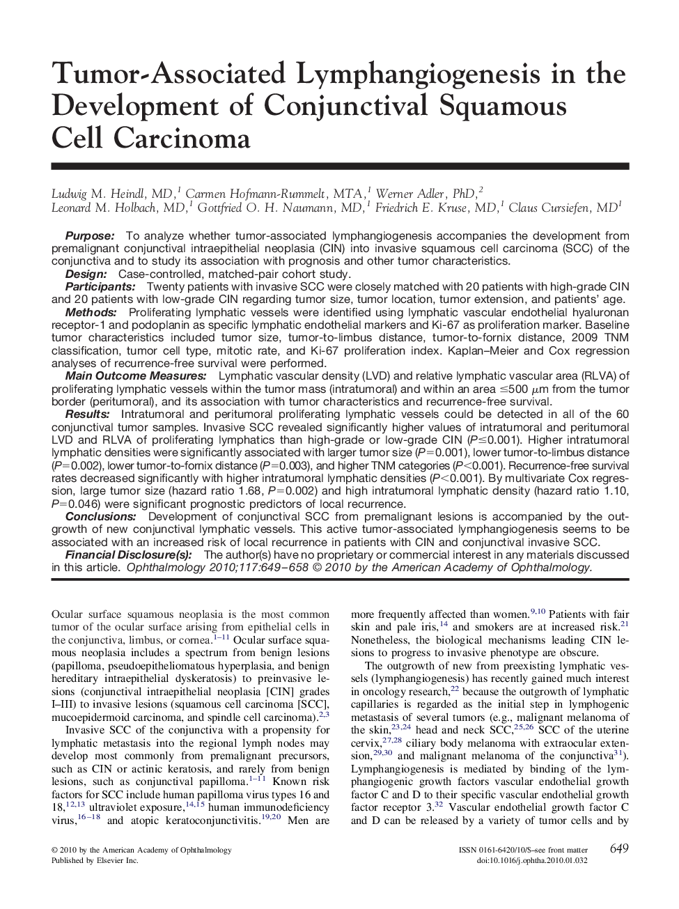 Tumor-Associated Lymphangiogenesis in the Development of Conjunctival Squamous Cell Carcinoma