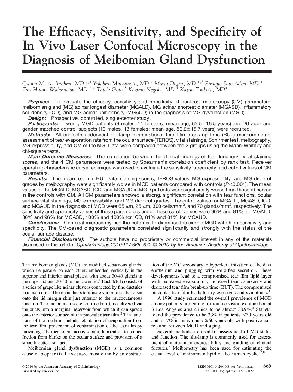 The Efficacy, Sensitivity, and Specificity of In Vivo Laser Confocal Microscopy in the Diagnosis of Meibomian Gland Dysfunction
