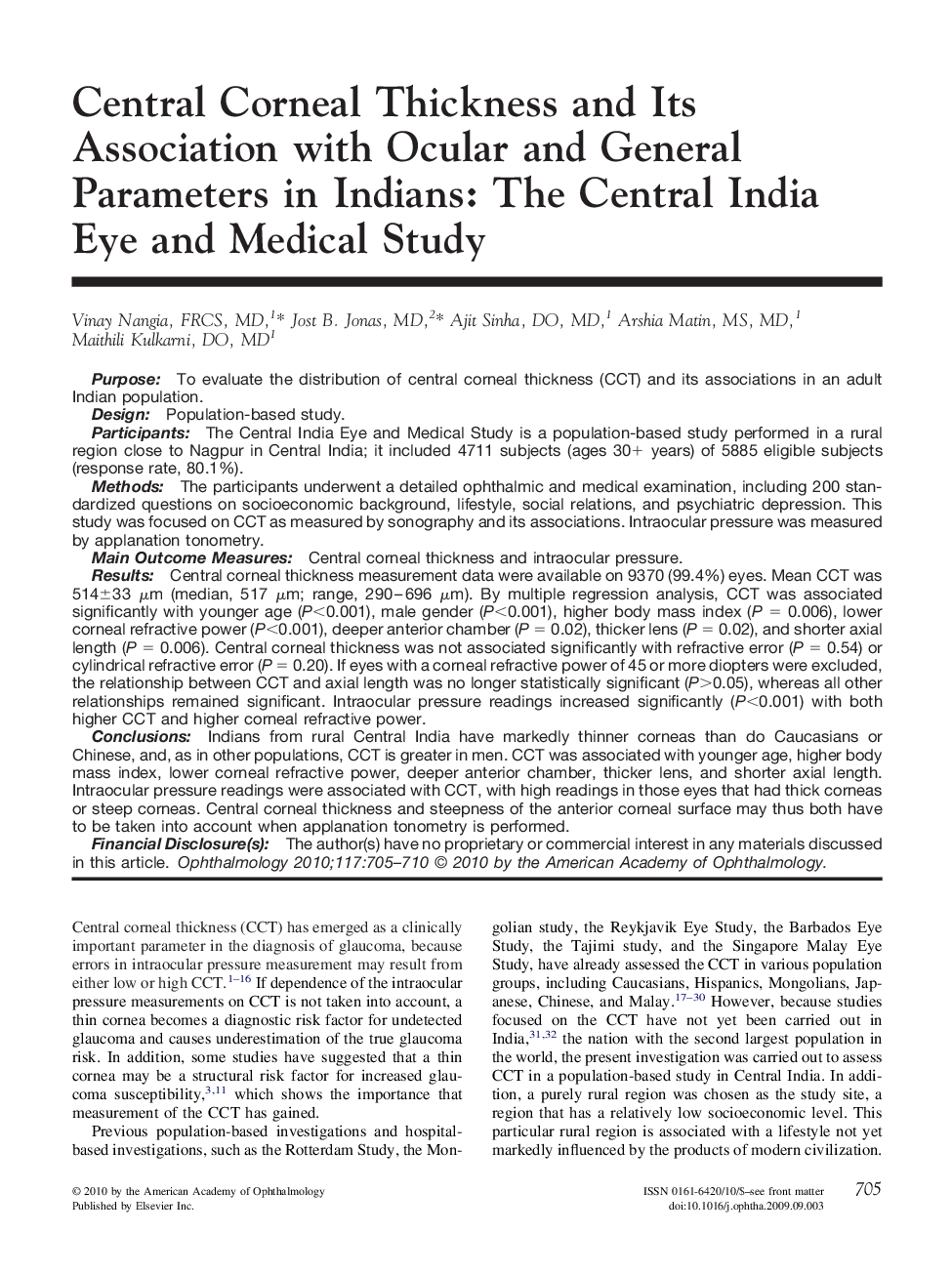 Central Corneal Thickness and Its Association with Ocular and General Parameters in Indians: The Central India Eye and Medical Study