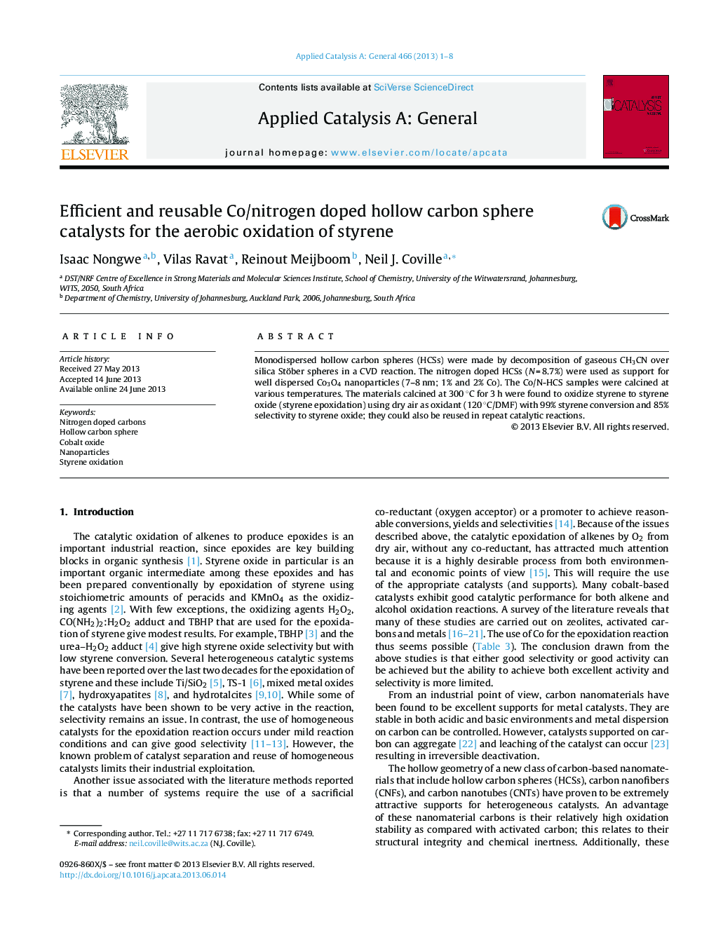 Efficient and reusable Co/nitrogen doped hollow carbon sphere catalysts for the aerobic oxidation of styrene