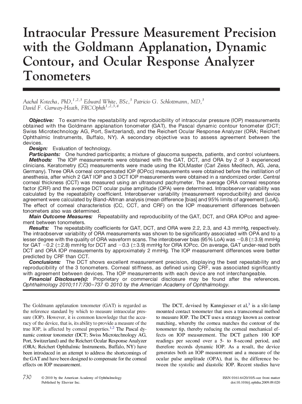 Intraocular Pressure Measurement Precision with the Goldmann Applanation, Dynamic Contour, and Ocular Response Analyzer Tonometers