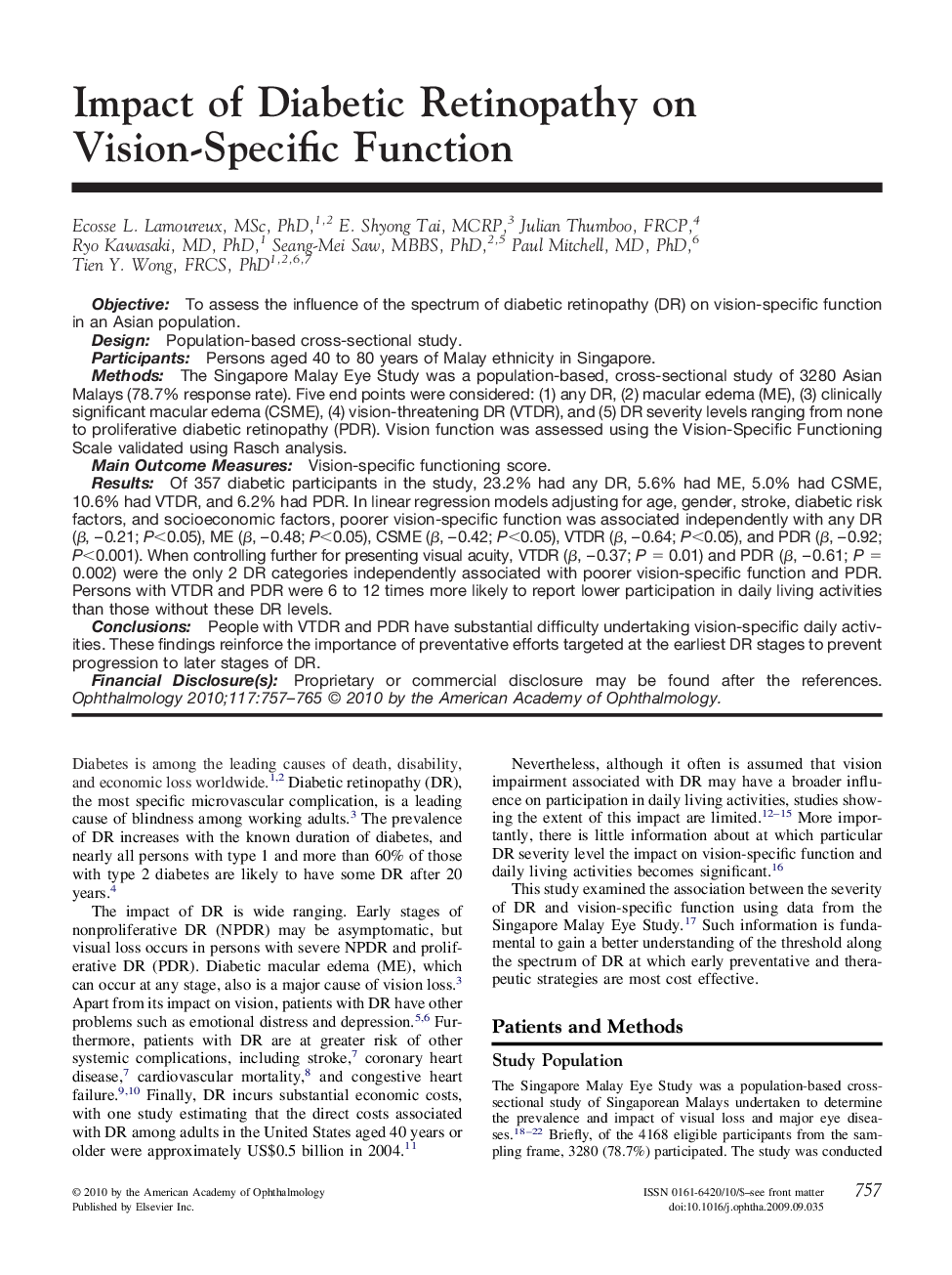 Impact of Diabetic Retinopathy on Vision-Specific Function