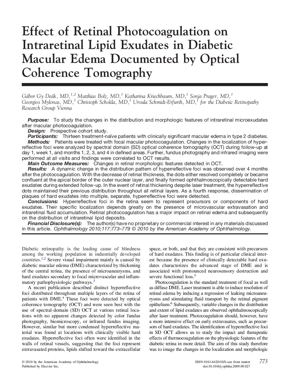 عکس صفحه اول مقاله: Effect of Retinal Photocoagulation on Intraretinal Lipid Exudates in Diabetic Macular Edema Documented by Optical Coherence Tomography Effect of Retinal Photocoagulation on Intraretinal Lipid Exudates in Diabetic Macular Edema Documented by Optical Coherence Tomography