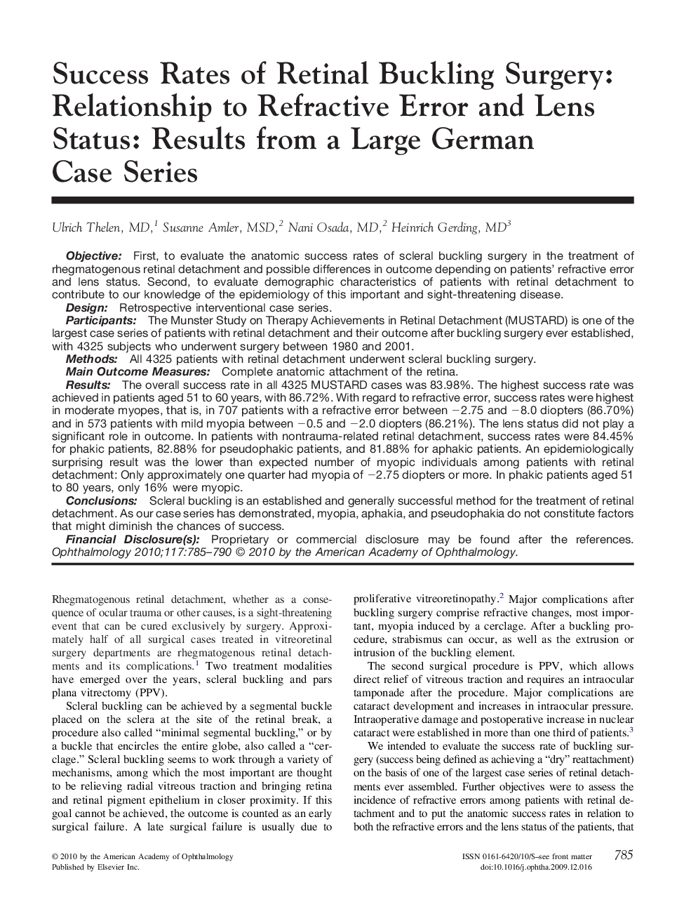 Success Rates of Retinal Buckling Surgery: Relationship to Refractive Error and Lens Status: Results from a Large German Case Series 
