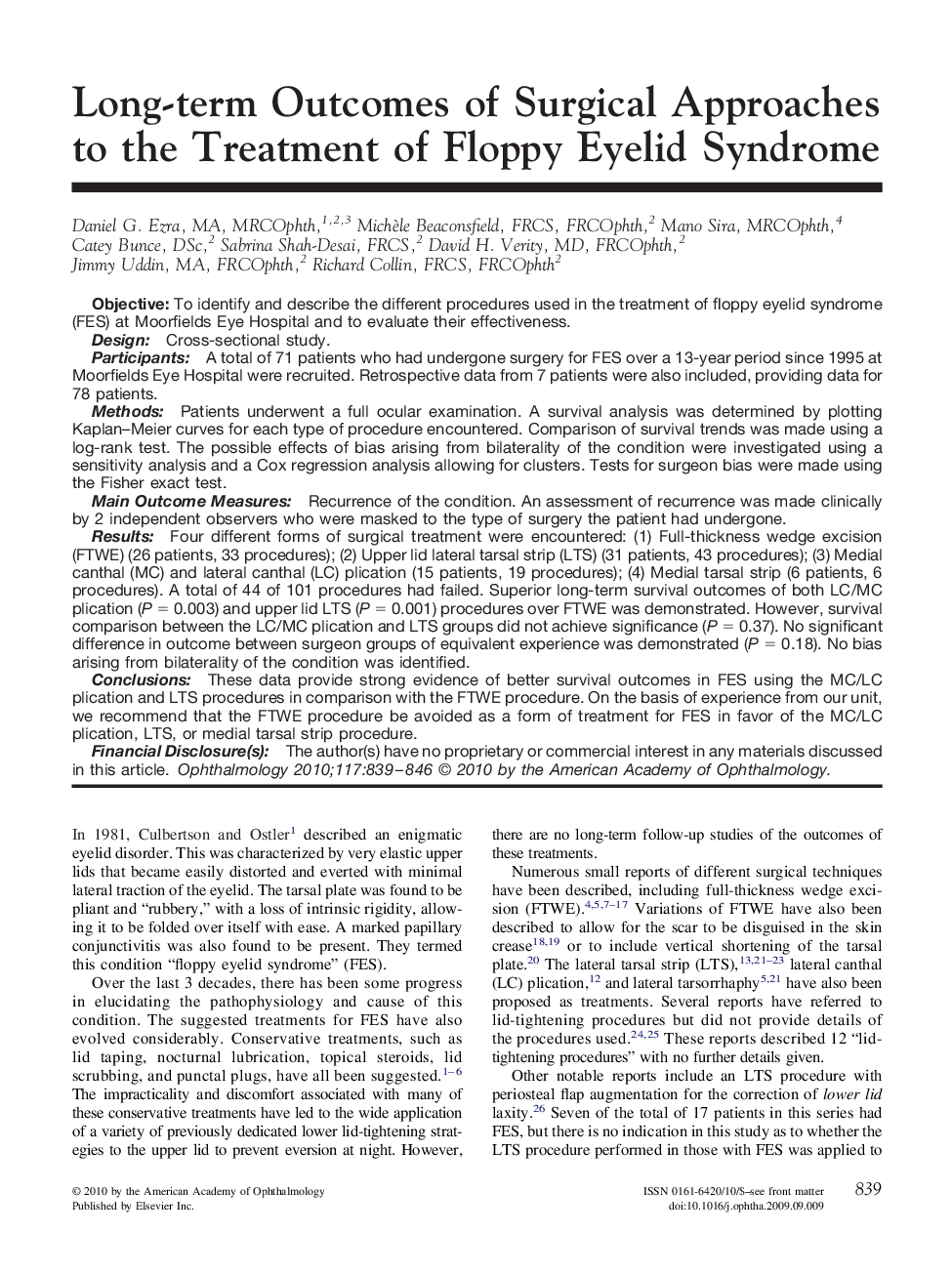 Long-term Outcomes of Surgical Approaches to the Treatment of Floppy Eyelid Syndrome 