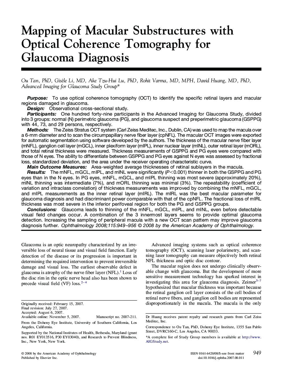 Mapping of Macular Substructures with Optical Coherence Tomography for Glaucoma Diagnosis 