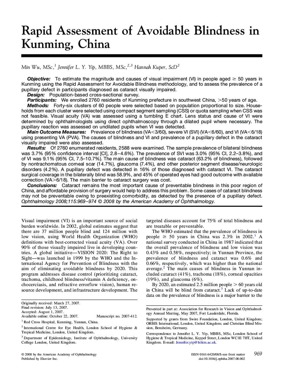 عکس صفحه اول مقاله: Rapid Assessment of Avoidable Blindness in Kunming, China Rapid Assessment of Avoidable Blindness in Kunming, China