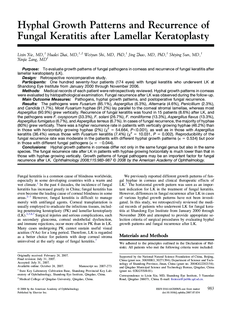 Hyphal Growth Patterns and Recurrence of Fungal Keratitis after Lamellar Keratoplasty