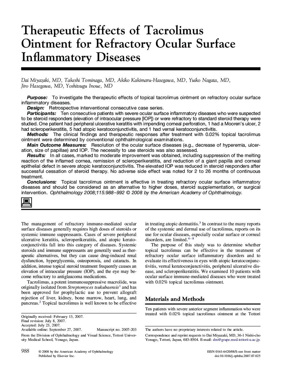 Therapeutic Effects of Tacrolimus Ointment for Refractory Ocular Surface Inflammatory Diseases