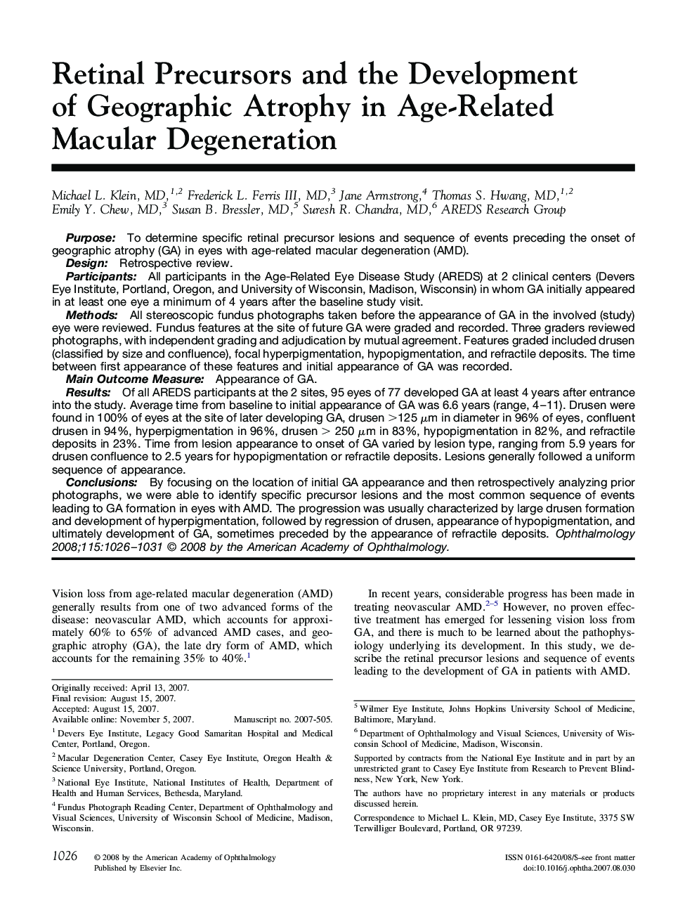 Retinal Precursors and the Development of Geographic Atrophy in Age-Related Macular Degeneration