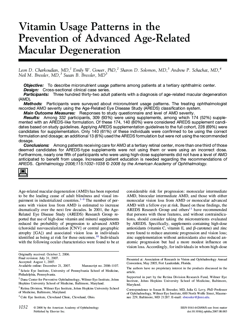 Vitamin Usage Patterns in the Prevention of Advanced Age-Related Macular Degeneration