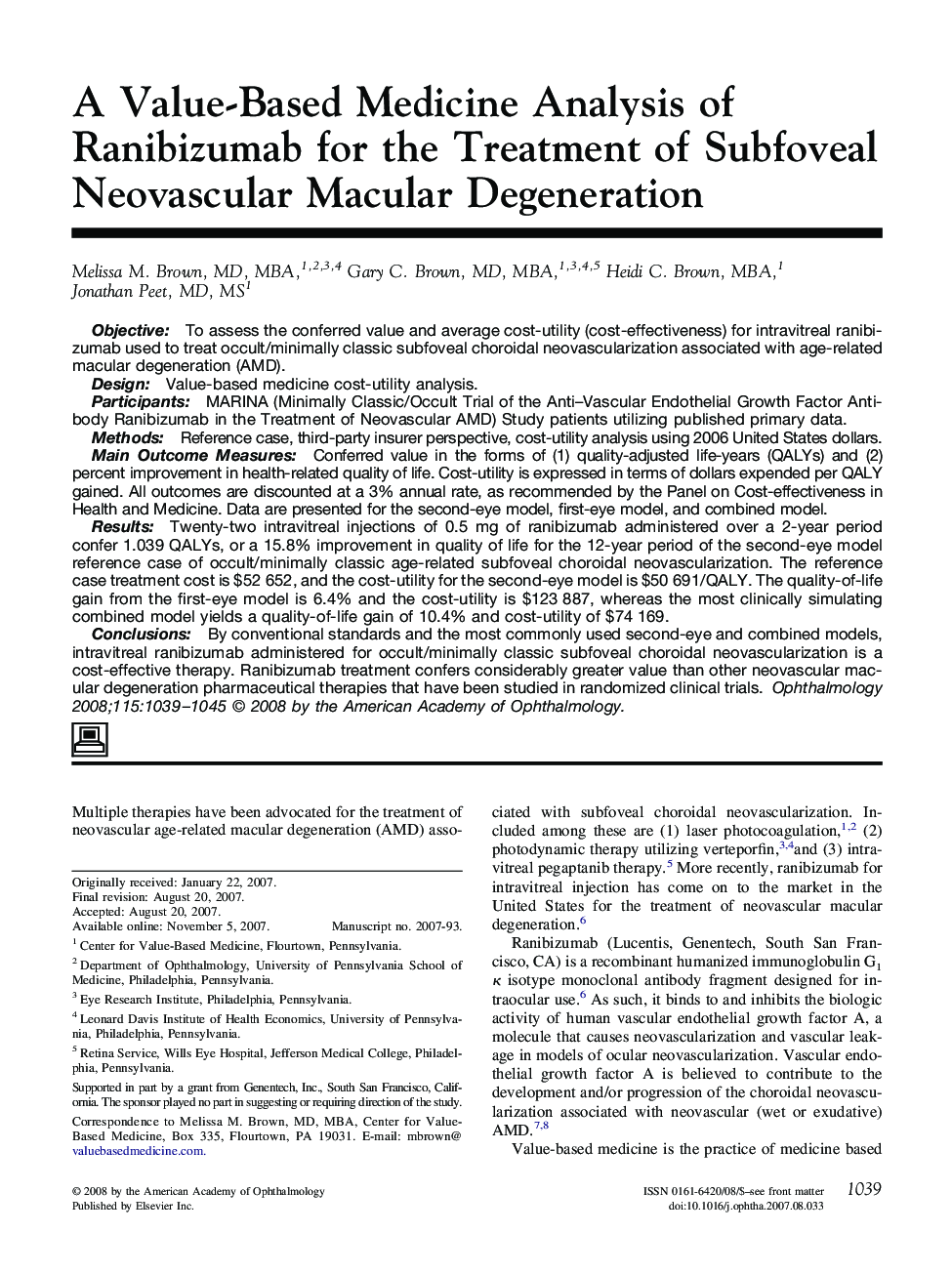 A Value-Based Medicine Analysis of Ranibizumab for the Treatment of Subfoveal Neovascular Macular Degeneration