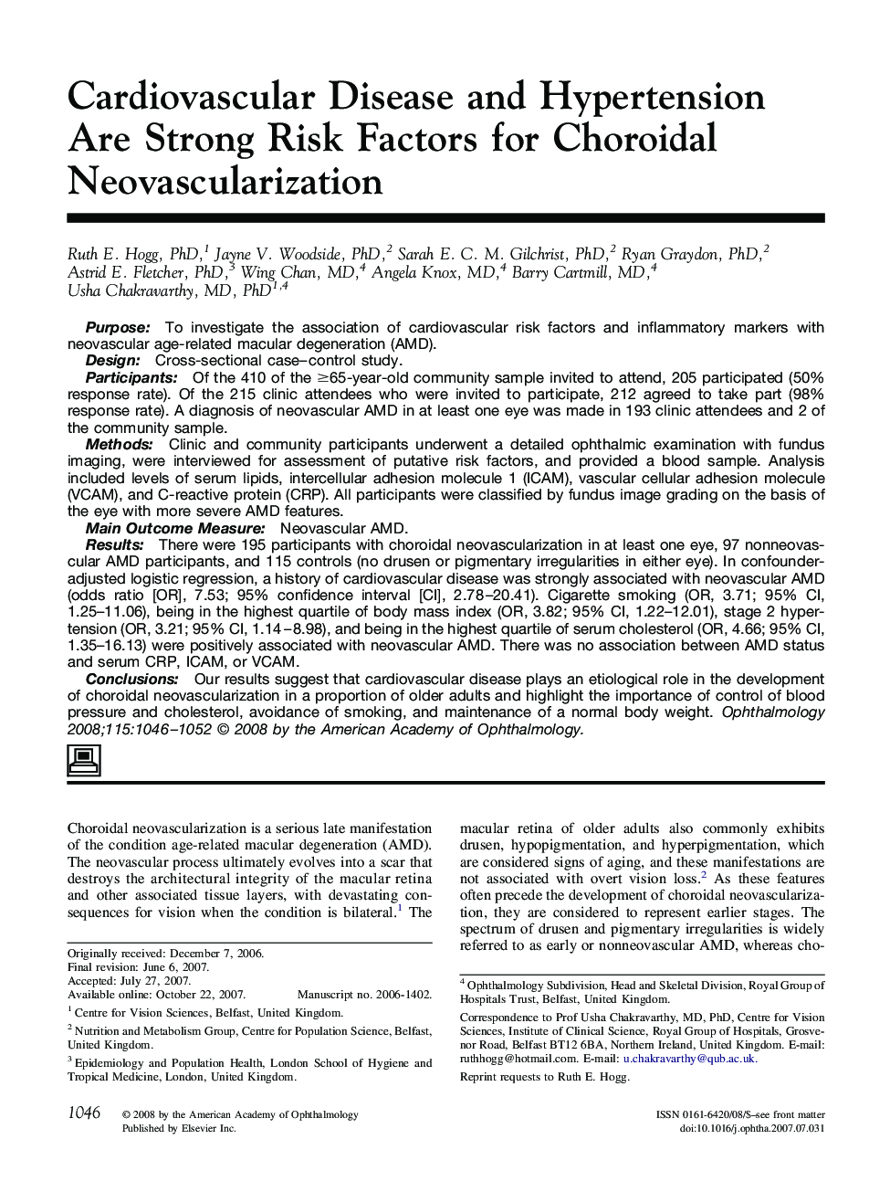 Cardiovascular Disease and Hypertension Are Strong Risk Factors for Choroidal Neovascularization