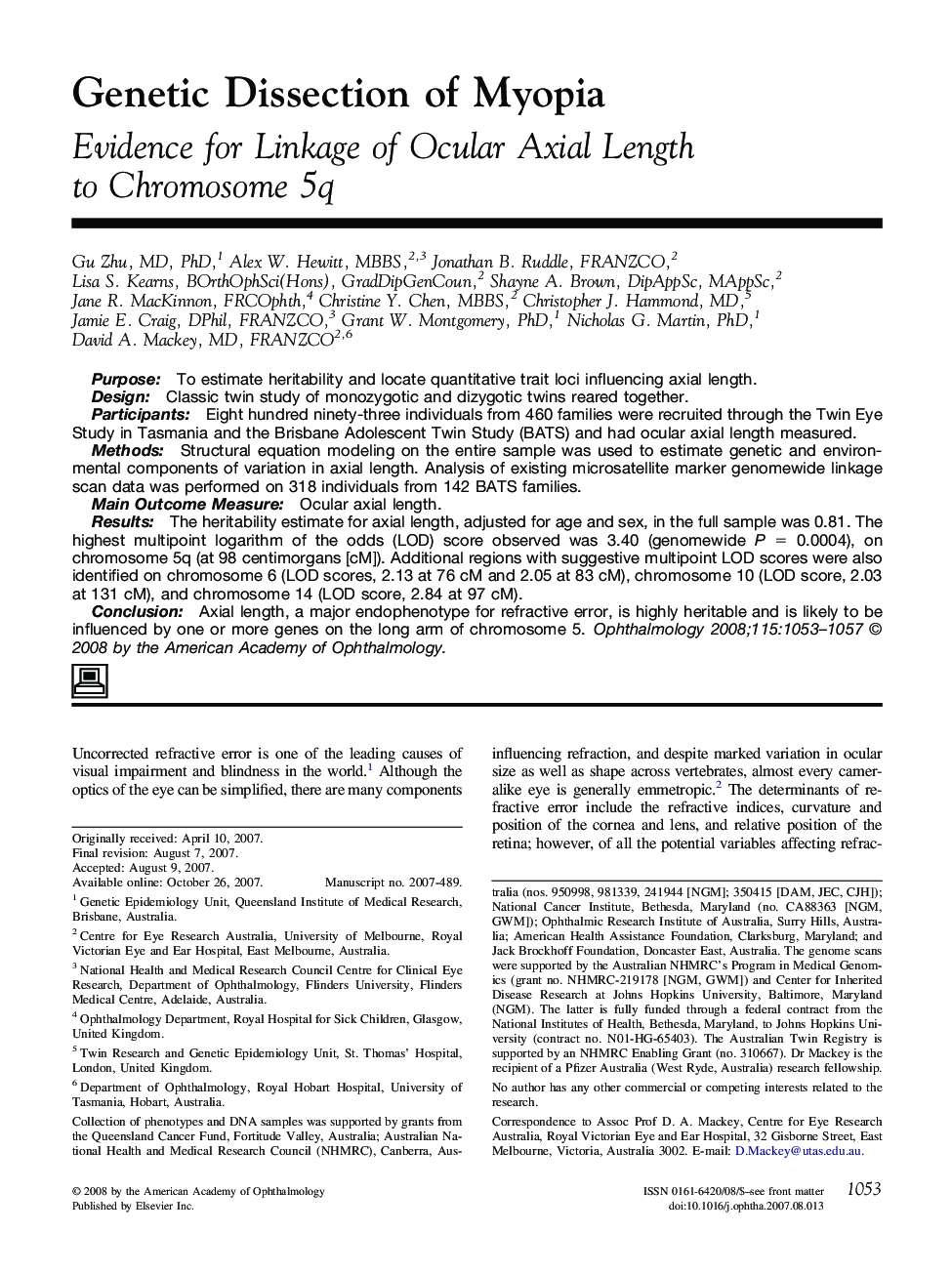 Genetic Dissection of Myopia