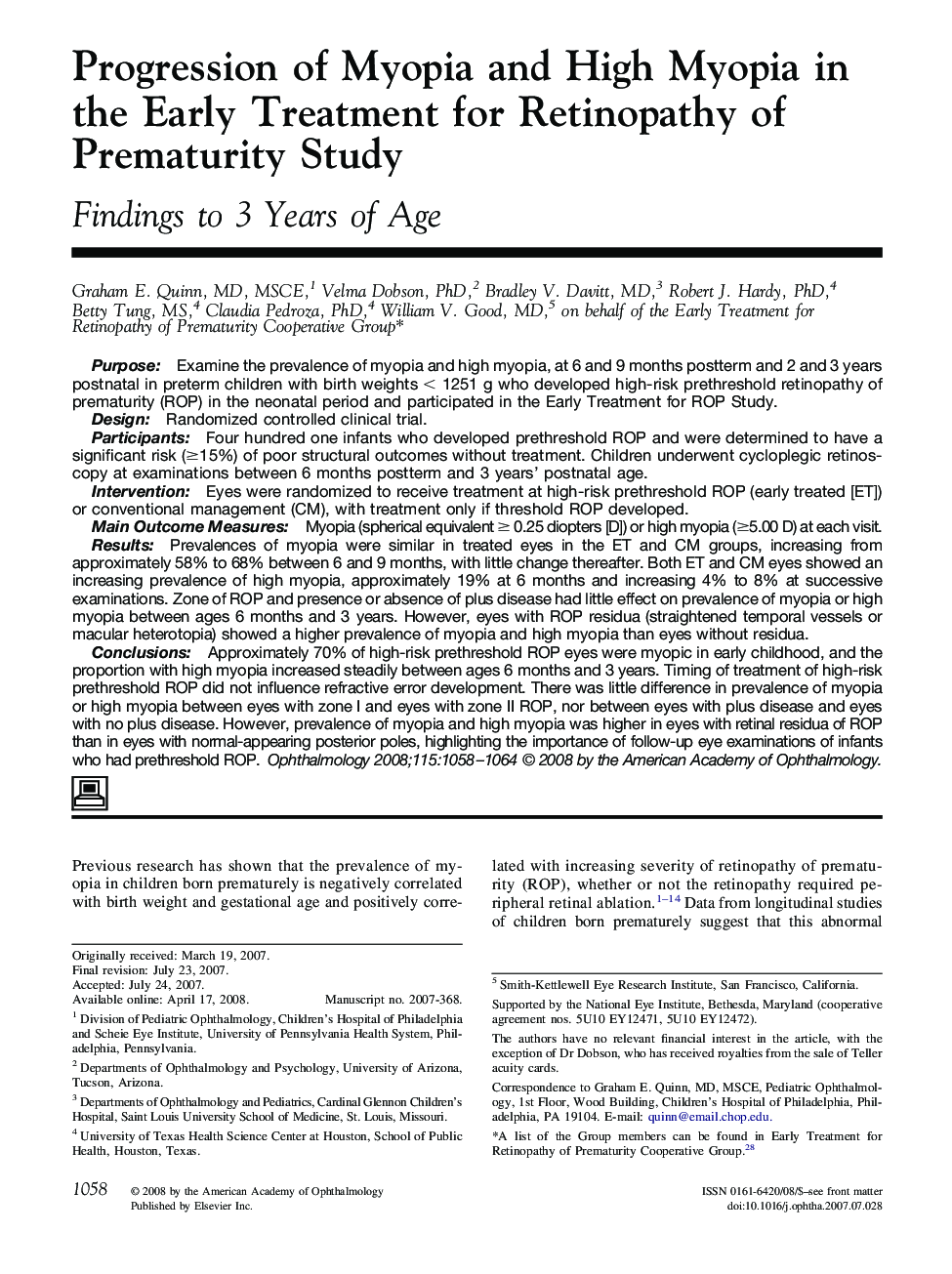Progression of Myopia and High Myopia in the Early Treatment for Retinopathy of Prematurity Study
