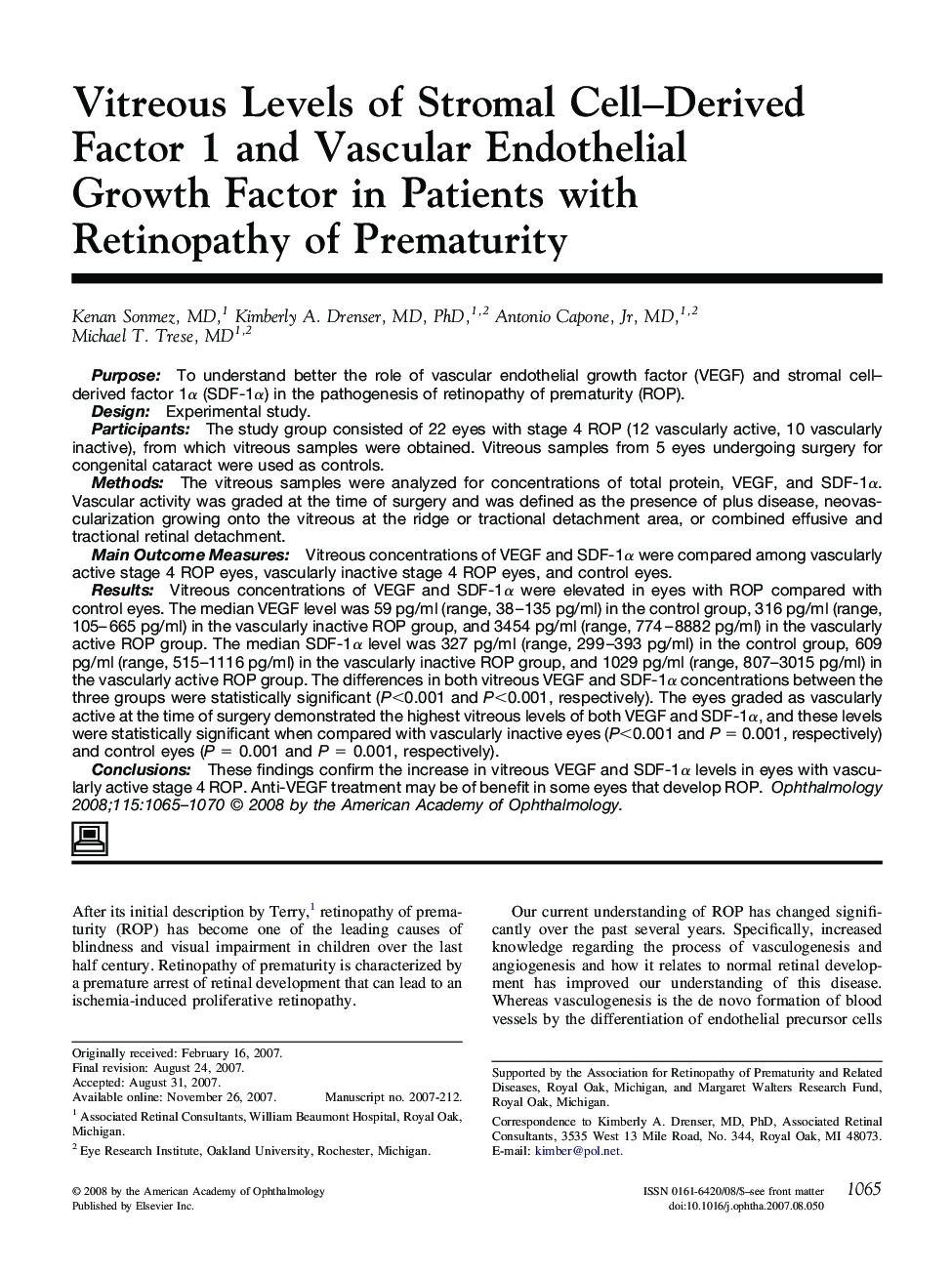 Vitreous Levels of Stromal Cell-Derived Factor 1 and Vascular Endothelial Growth Factor in Patients with Retinopathy of Prematurity