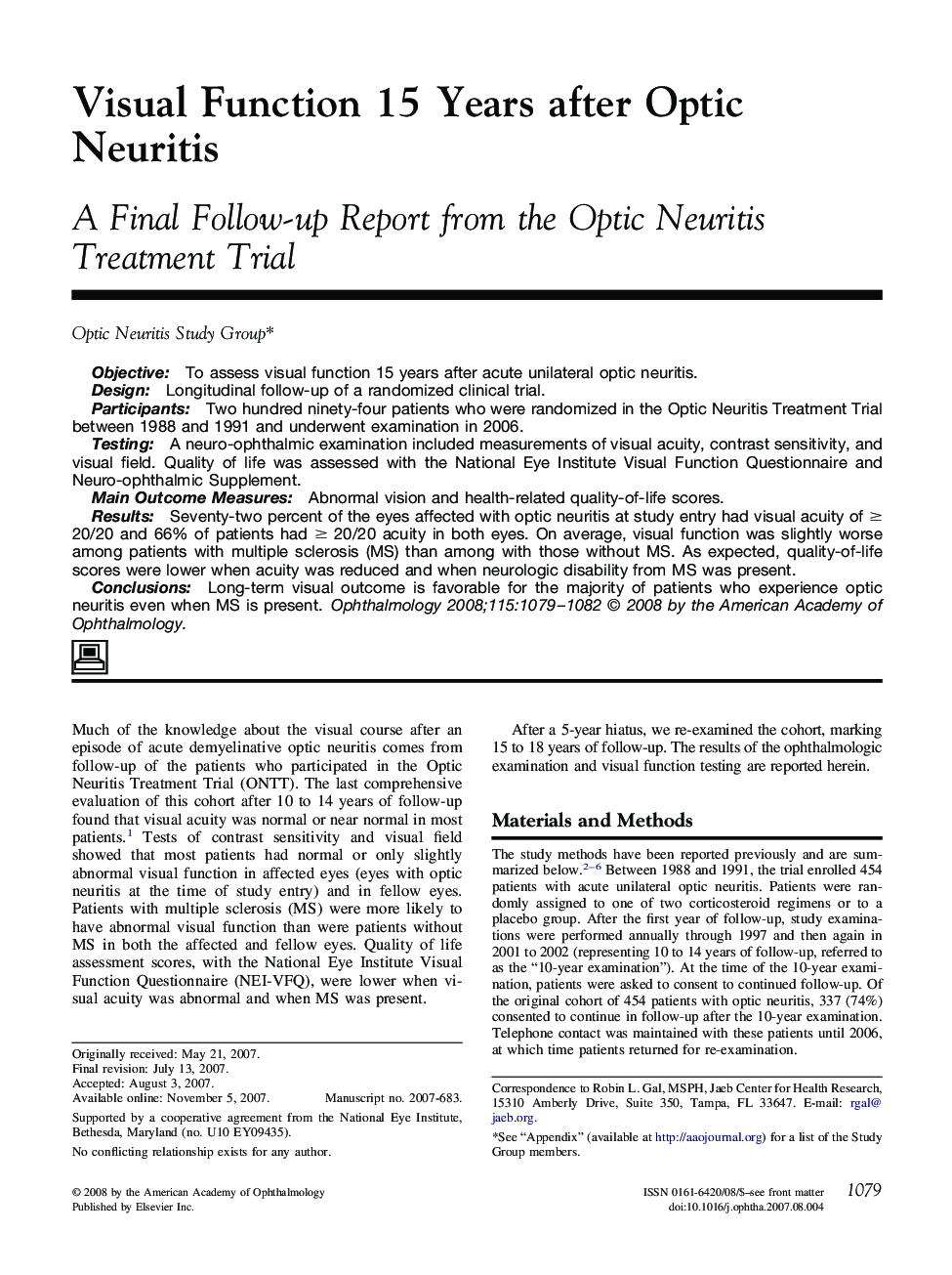 Visual Function 15 Years after Optic Neuritis