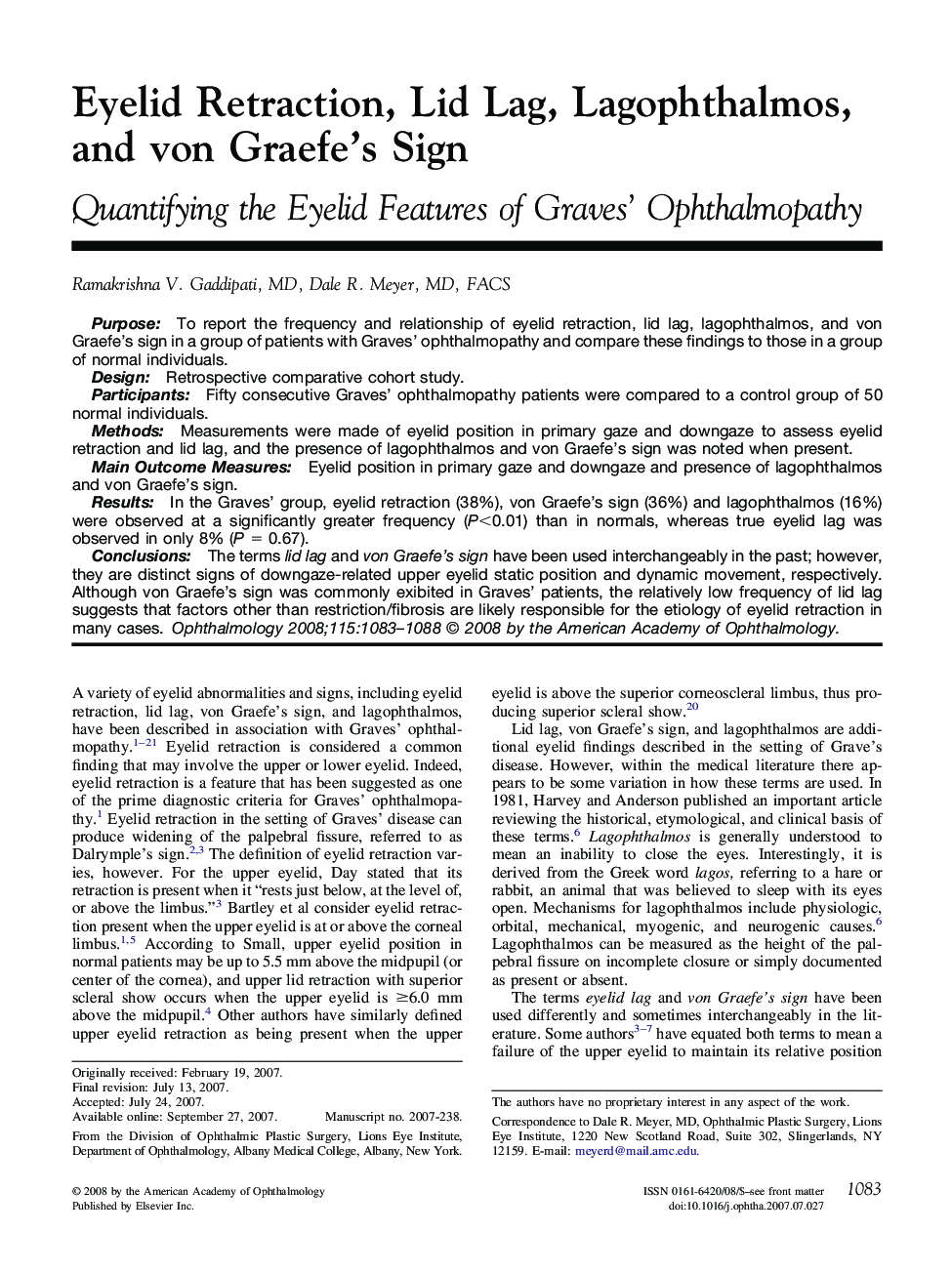 عکس صفحه اول مقاله: Eyelid Retraction, Lid Lag, Lagophthalmos, and von Graefe's Sign : Quantifying the Eyelid Features of Graves' Ophthalmopathy Eyelid Retraction, Lid Lag, Lagophthalmos, and von Graefe's Sign : Quantifying the Eyelid Features of Graves' Ophthalmopathy