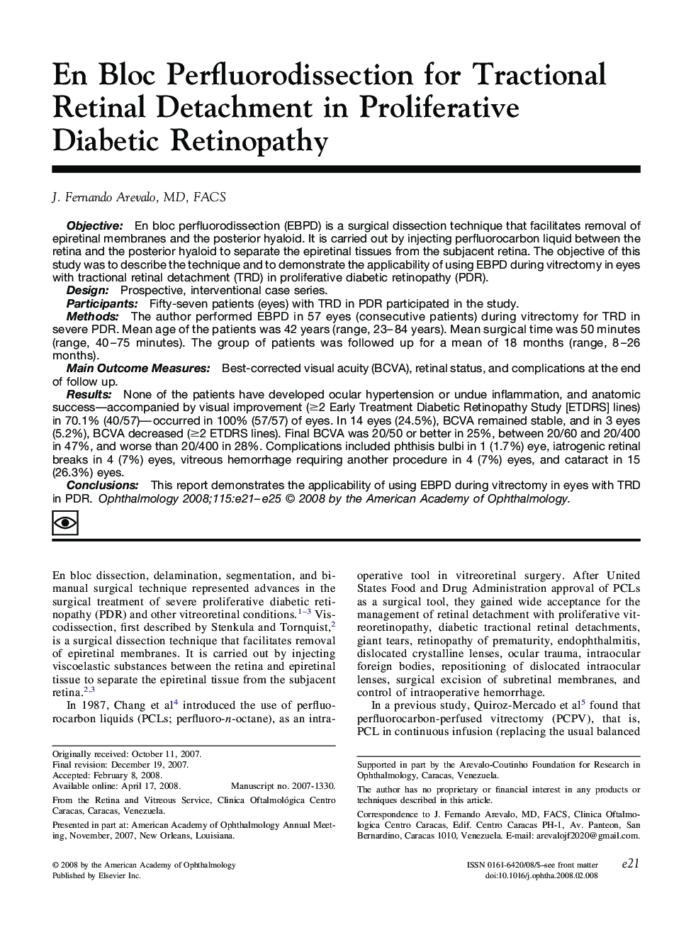 En Bloc Perfluorodissection for Tractional Retinal Detachment in Proliferative Diabetic Retinopathy 