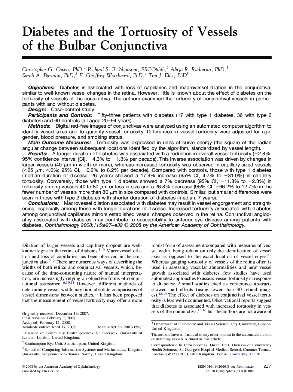 Diabetes and the Tortuosity of Vessels of the Bulbar Conjunctiva
