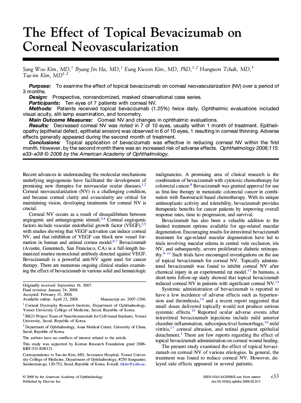 عکس صفحه اول مقاله: The Effect of Topical Bevacizumab on Corneal Neovascularization The Effect of Topical Bevacizumab on Corneal Neovascularization