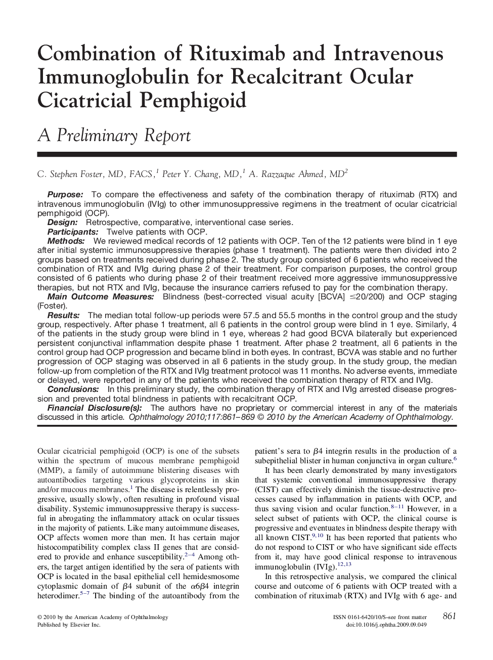 Combination of Rituximab and Intravenous Immunoglobulin for Recalcitrant Ocular Cicatricial Pemphigoid