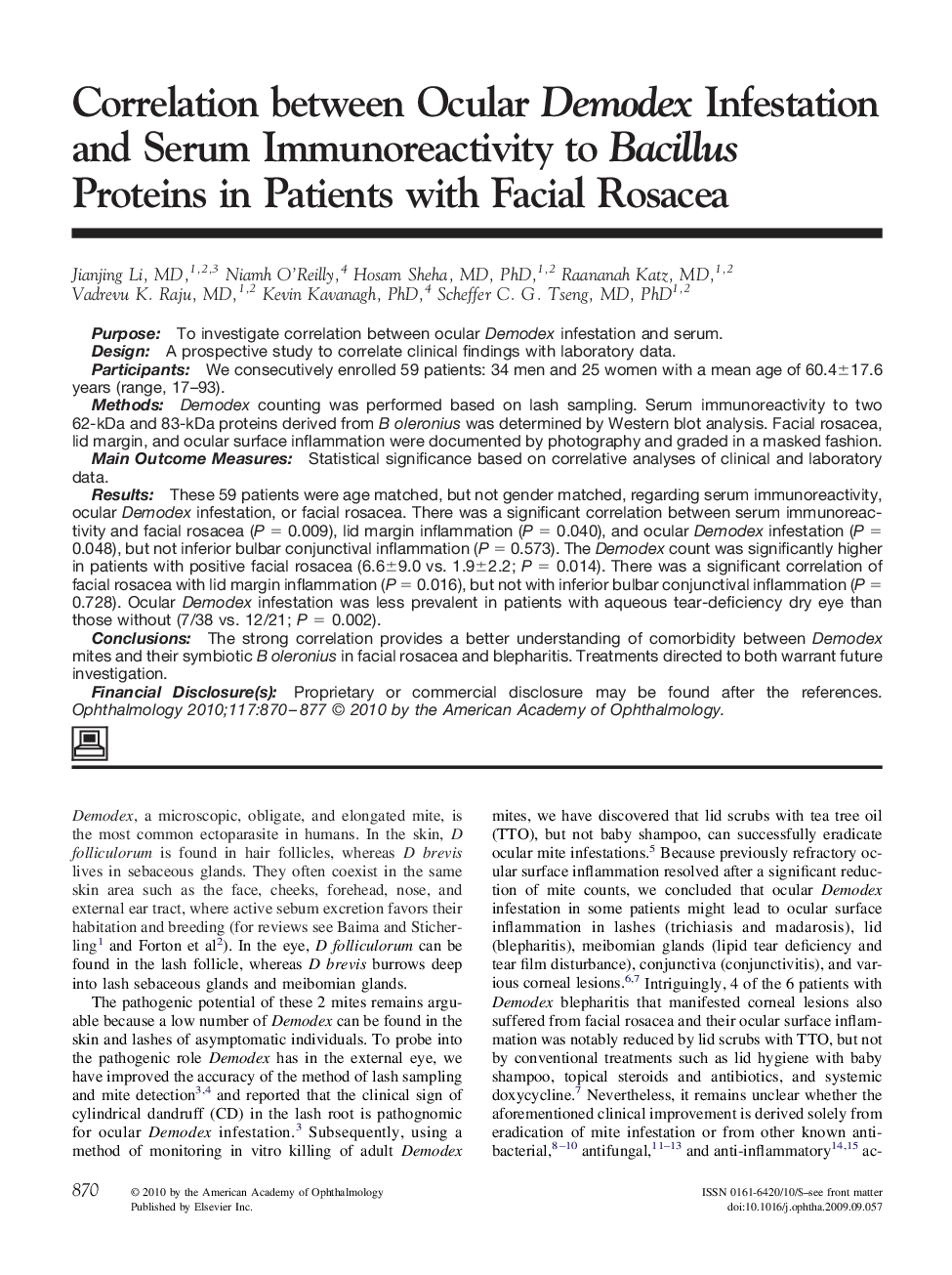 Correlation between Ocular Demodex Infestation and Serum Immunoreactivity to Bacillus Proteins in Patients with Facial Rosacea