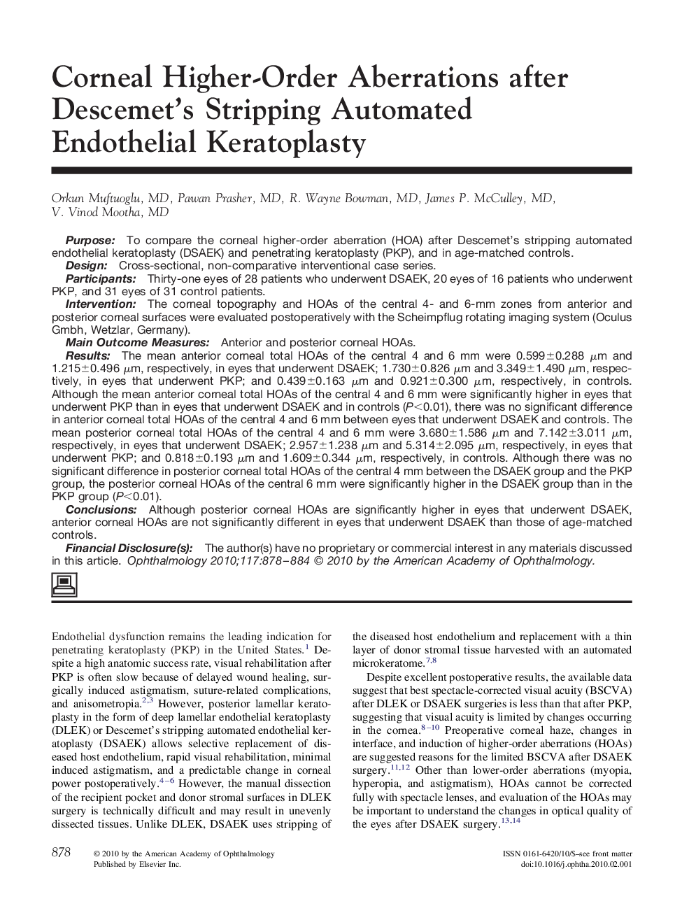 Corneal Higher-Order Aberrations after Descemet's Stripping Automated Endothelial Keratoplasty