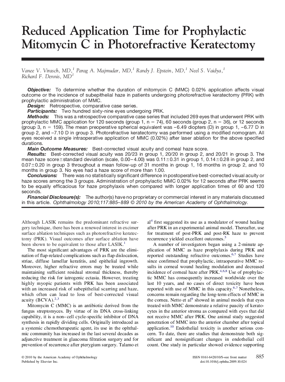 عکس صفحه اول مقاله: Reduced Application Time for Prophylactic Mitomycin C in Photorefractive Keratectomy Reduced Application Time for Prophylactic Mitomycin C in Photorefractive Keratectomy