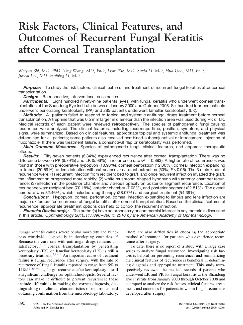 Risk Factors, Clinical Features, and Outcomes of Recurrent Fungal Keratitis after Corneal Transplantation